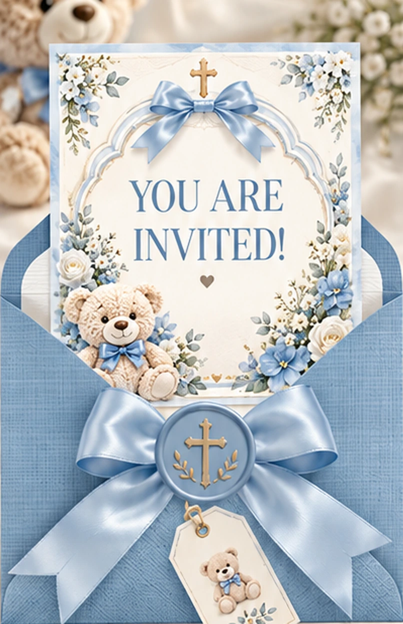 A sky-blue envelope with satin ribbon and wax seal, holding a floral You Are Invited card with a teddy bear